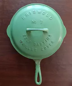 Rare Griswold Cast Iron #7 Skillet W/Lid Green Enamel as-is - Picture 1 of 11