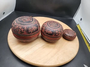 Old Burmese/Myanmar Cinnabar Laquer Bamboo Round Nesting Boxes - Picture 1 of 24