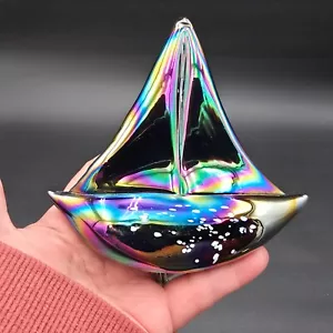 Carnival Glass Ship Paperweight Iridescent 4.5" Amethyst Purple - Picture 1 of 9