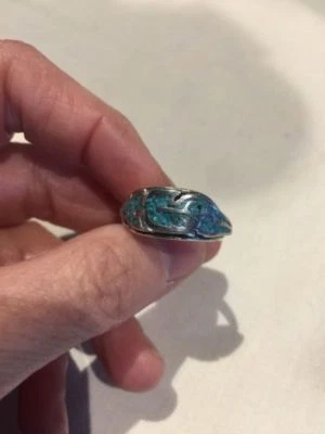 Vintage Men's Feather Ring Southwestern Silver Turquoise Inlay Size 11.5 - Image 1 of 4