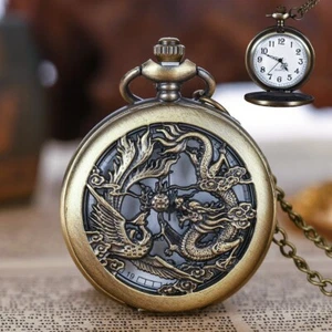 Vintage Pocket Watch Dragon Pattern Quartz Pocket Watch with Chain Analog Watch - Picture 1 of 6