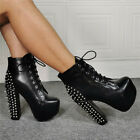 Womens Gothic Rivets High Block Heel Round Toe Ankle Motorcycle Boots Punk Shoes