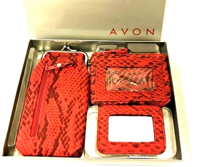 Vtg AVON 3-Pc Accessory Kit Glasses Case-Coin Purse-Mirror Red Snake Print NIB - Image 1 of 4