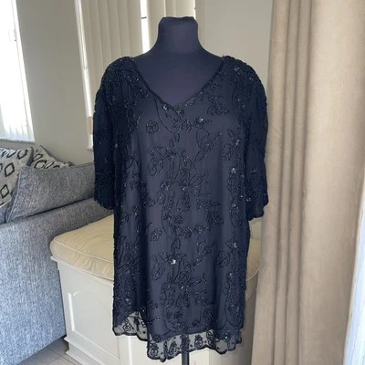 Blusa Top Transparente Noche Adornada Lentejuelas Negras Seda Roaman's Nueva con Etiquetas Talla 20W Foto 1 de 4