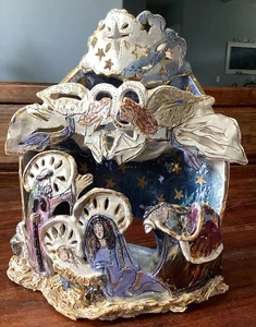 Heather Goldminc Blue Sky Clay Nativity, Tea Light Holder, 13 Inches - Picture 1 of 11