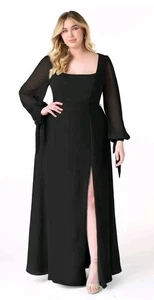 Azazie Leonia Bridesmaid Dress Gown Black Chiffon Long Sheer Sleeve Size C 18  - Picture 1 of 12