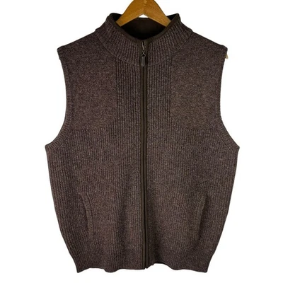 LL Bean Mens L Brown Lambswool Knit Fleece Lined Full Zip Sweater Vest Merino - Image 1 of 3