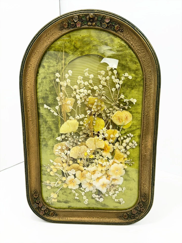 Antigua caja victoriana grande de vidrio convexo con flores de seda marco abovedado conmemorativo Foto 1 de 4