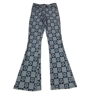 Fashion Nova Womens Juniors Jeans Size 5 Flower Checkered Bell-Button Flare Leg - Picture 1 of 24