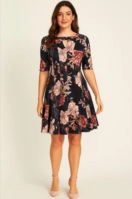 Vestido Floral Otoño Roz & Ali Talla 10 Negro Tostado Hojas Óxido Manga Corta Pliegues Foto 1 de 4