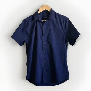Guess Mens Solid Button Down Blue Shirt Size Small Short Sleeve Front Button - Picture 1 of 8