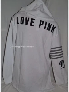 Victoria's Secret PINK White Side Slit Zip Logo Hoodie Jacket Sweatshirt S New - Picture 1 of 3