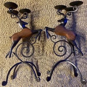 Pier 1 Wrought Iron Reindeer Candle Holder 20” Wood Leaping Deer LOT 2 *EUC Xmas - Picture 1 of 20