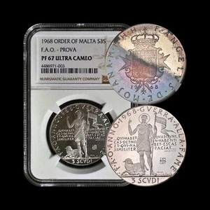 MALTA. 1968, 3 Scudi, Silver - NGC PF67 - St. John, Paschal Lamb 🌈 Toned - Picture 1 of 9