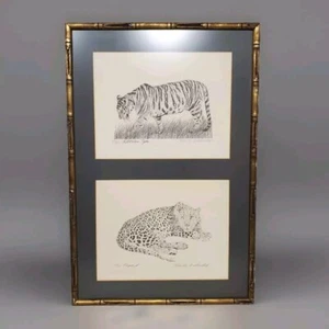 Dibujos a lápiz de tigre y leopardo enmarcados impresiones numeradas marco de bambú vintage - Imagen 1 de 12