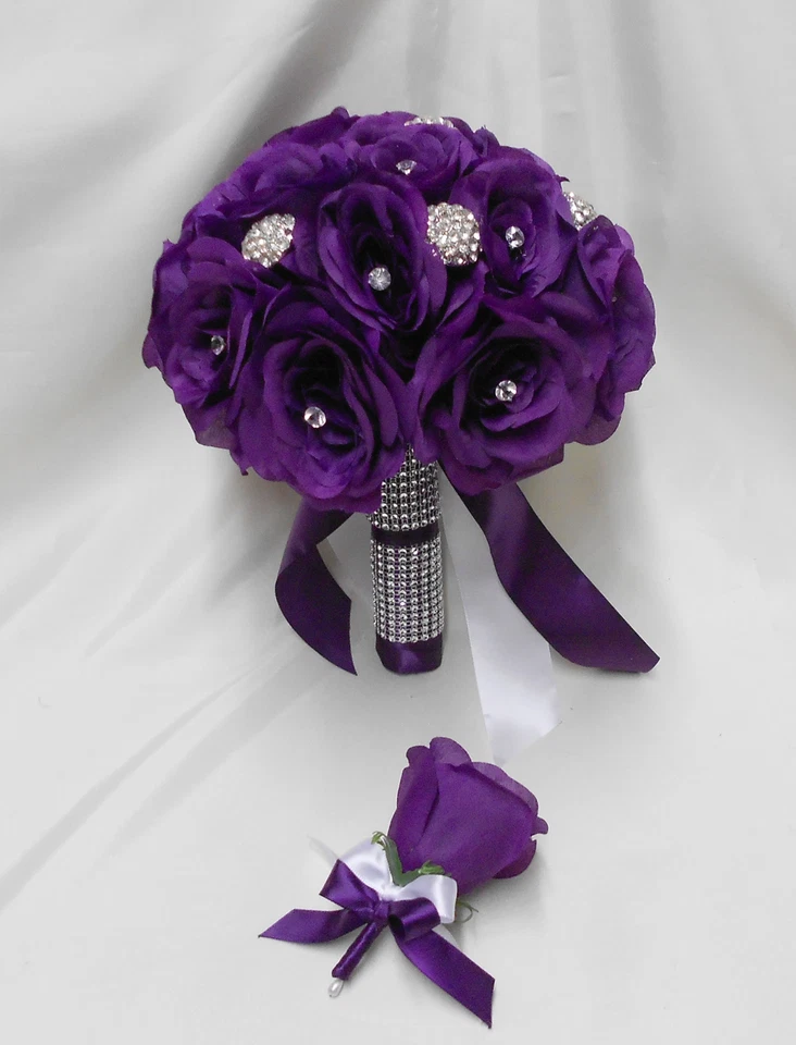 Wedding Silk Flower Bridal Bouquet 2 pieces Bride  Groom Purple Eggplant Brooch - Image 1 of 4
