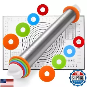 17" Stainless Steel Rolling Pin with 4 Adjustable Thickness Rings and Baking - Picture 1 of 5