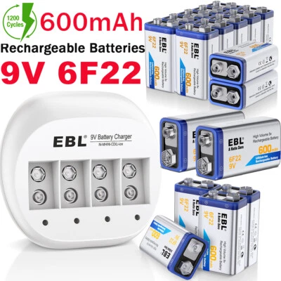 Lot 600mAh 9V 6F22 Lithium Li-Ion Rechargeable Batteries/ 4 Slots 9 Volt Charger - Image 1 of 4