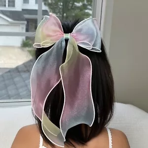 Rainbow Large Ribbon Long Bow Hair Clips, Girl's Ruffled Organza Bow Barrette - Picture 1 of 2