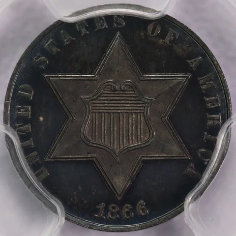 1866 3CS Three Cent Silver - PCGS PR 64 CAC Cover