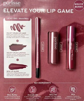NEW Purlisse Lip Kit Trio Mauve Berry Elevate Your Lip Game FREE SHIPPING LOOK! - Image 1 of 2