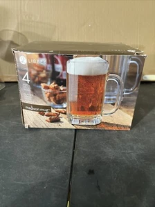 Set 4 Libbey Beer Mug Float Madison Mug Heavy Ribbed Clear Glass 16 oz w/ Handle - Picture 1 of 3
