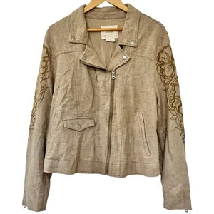 Anthropologie Tessa Embroidered Boyfriend Jacket Size XL Beige Linen Blend Moto - Picture 1 of 11
