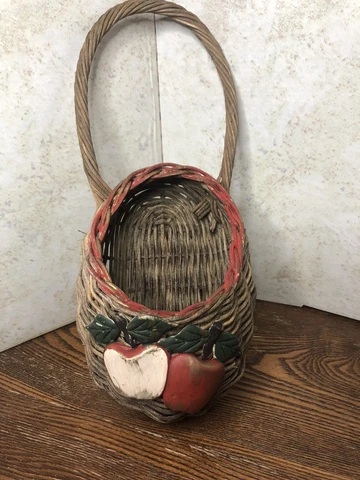 Birds Nest Style Hand Woven Hanging Basket With Wooden  Apple Accents 11” H Cover