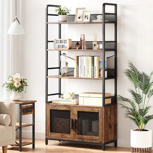 4 Tiers Bookshelf w/2 Doors for Bedroom & Living Room & Home OfficeDisplay Brown - Picture 1 of 9