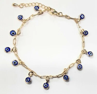 14k Gold Filled Dangle Evil Eye Ankle Bracelet 10-11 inch Long Dark Blue eye #23 - Image 1 of 3