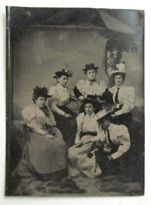 GROUP OF LADIES w/ DOG TINTYPE VICTORIAN PHOTO antique - Picture 1 of 2