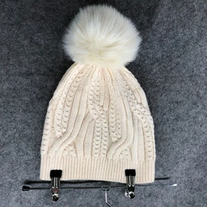 Club Monaco 100% Wool Pom Pom Beanie Hat Cable Knit Womens OS Cream Beige - Picture 1 of 7