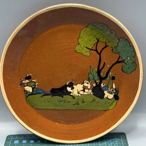 VINTAGE  MEXICO TLAQUEPAQUE HAND PAINTED FOLK ART POTTERY PLATE Bulls 9" - Picture 1 of 18