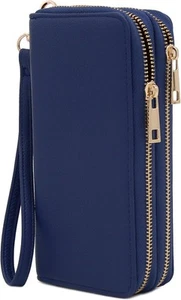 FashionPuzzle Double Zip Around PU Leather Wristlet Cell Phone Wallet Navy - Picture 1 of 6