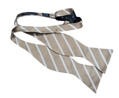 Saddlebred Mens 100% Silk Bow Tie Adjustable Self Tie Striped Tan - Image 1 of 4