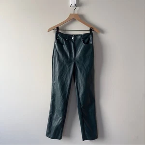 7 For All Mankind Green Faux Leather Pants Pockets zip button retro biker solid - Picture 1 of 11