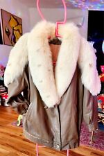 Super SALE! Vintage Soft Leather Real Cream White Fur Jacket Coat Size L/XL