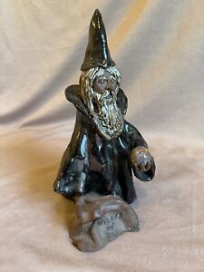 Cool! Vtg Clay Pottery Wizard On Knees Holding Crystal Ball Statue Wizard Of Ink
