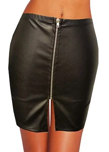  NEW BLACK LEATHER LOOK WITH ZIP FITTED BODY CON MINI SKIRT SIZE 4 TO 24 - Picture 1 of 7