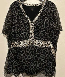 Womens 1X 100% Silk Top Geo Dots Babydoll Tieback Semi Sheer Wimsygoth Silkland - Picture 1 of 18