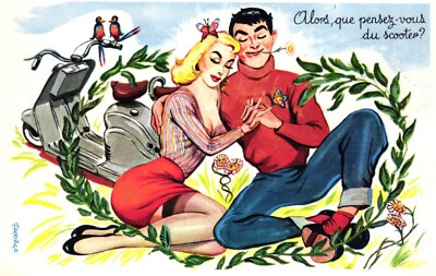 Cómic Vespa Scooter Motocicleta Niña, Pinup, Postal Vintage Foto 1 de 2