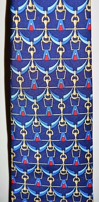 VTG BURBERRYS' TIE Navy Blue Red Gold Bridle Chain Silk Men's Necktie - Image 1 of 3