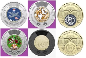 CANADA LOT OF6 UNCIRCULATED COMMEMARATIVE & COLORIZED $2 & $1 COINS 2022-25 COIN - Picture 1 of 9