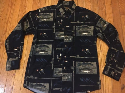 Duck Head Men's Long Sleeve Flannel Button Front Medium Black Fish Design EUC MB - Image 1 of 4