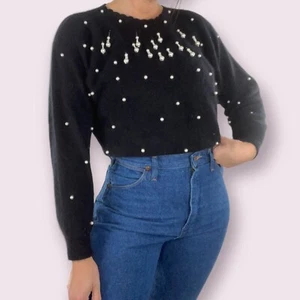 Vintage 80er Pullover Rafaella klein schwarz Angora Lammwolle Perlen Quaste Sweater - Bild 1 von 9