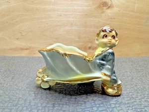 Chic Pottery Pixie Elf with Flower Leaf Wheelbarrow Pottery Planter Gold Trim - Picture 1 of 8