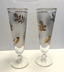 Set 2 bicchieri Pilsner con piedini con stelo fogliame dorato Libbey MCM - Foto 1 di 4