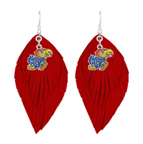 Kansas Jayhawks Red Blue Boho Leather Feather Hook Earrings Jewelry Gift KU Cover