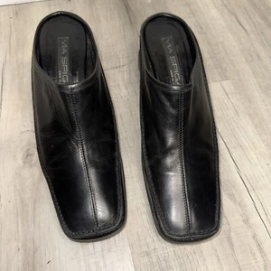 Via Spiga Black Leather Mule Womens Size 8 Square Toe Slip On Chunky Heel Italy - Picture 1 of 6