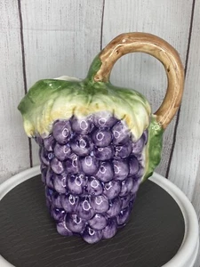 Majolica Style Hand-painted Pitcher ~ Grape and Vine Motif ~ Made In Portugal - Picture 1 of 12